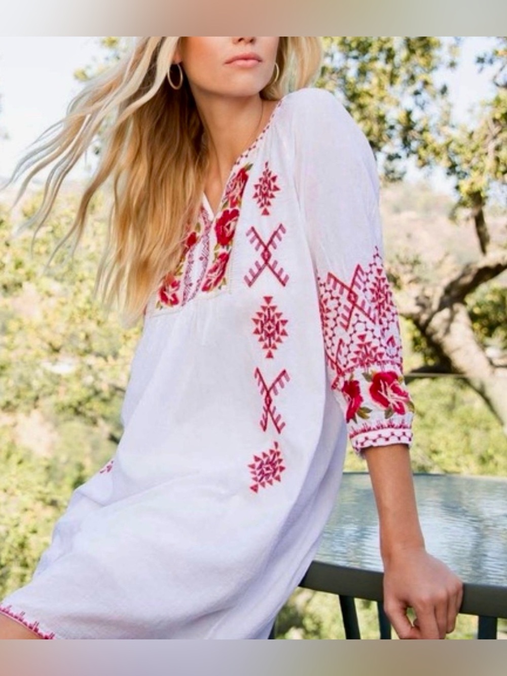 Johnny Was 3J Workshop Embroidered Bird Tunic Dress Boho White